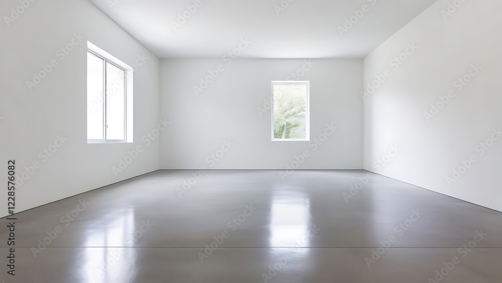 Poster a large empty room with a white wall and a window. the room is very empty and has a very clean and s