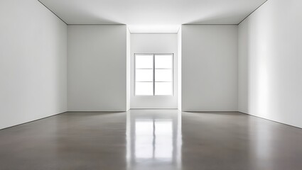 Fototapeta premium A large empty room with a white wall and a window. The room is very empty and has a very clean and simple look