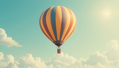 Naklejka premium Striped Hot Air Balloon Soaring Through Cloudy Skies