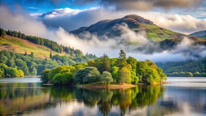 A serene and misty landscape of Loch Lomond surrounded by lush greenery and towering trees on the slopes of Ben Lomond