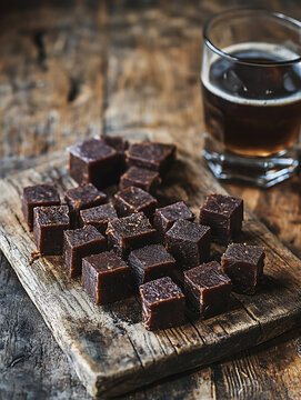 hakarl arranged on a rustic wooden board
