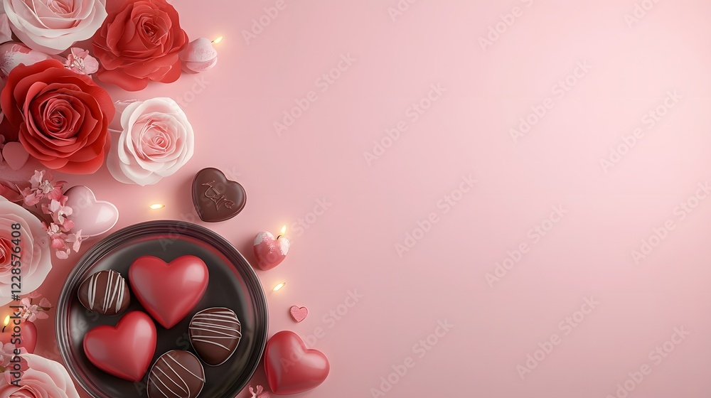 Aufkleber elegant valentines day flat lay arrangement with red roses artisanal chocolates and glowing heart sh