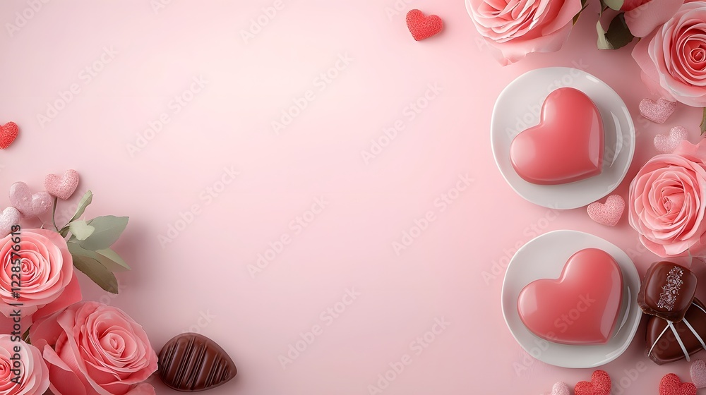 Aufkleber romantic flat lay featuring heart shaped candles delicate red roses and a saucer of gourmet chocolat