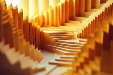 Fototapeta premium Financial growth illustrated by ascending paper origami stairs with golden hour lighting composition and leading lines composition