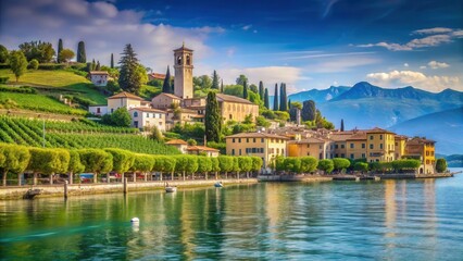 Obraz premium Serene lakefront scene with Bardolino Town situated on the shore of Garda Lake Italy surrounded by lush greenery and picturesque vineyards, vineyard, landscape