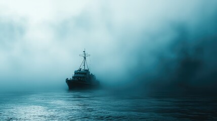 Mysterious Ship Navigating Through Dense Fog on Calm Waters