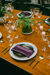 Elegant dinner table setup featuring glassware, cutlery, and decorative plants in a cozy indoor environment