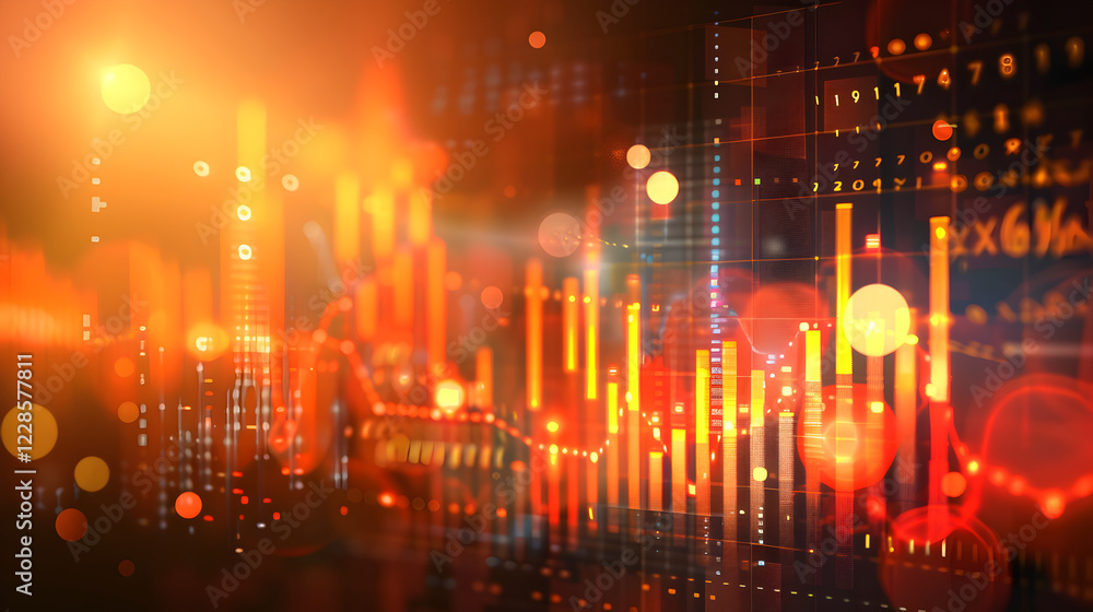 Poster abstract digital representation of financial data with glowing elements and charts.