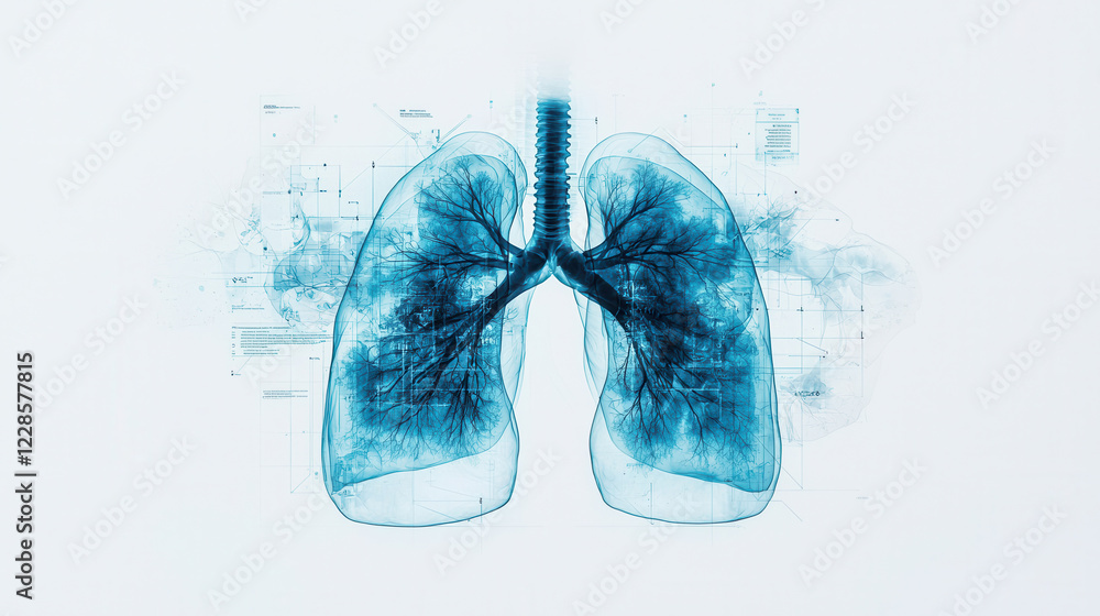 Poster detailed x ray image of human lungs showcasing intricate structures and patterns. vibrant blue color