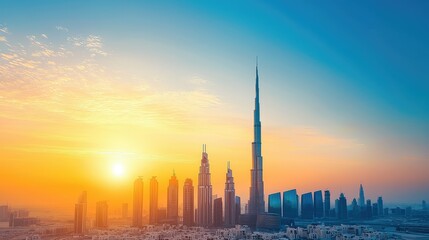 Obraz premium Sunset Skyline View of Tall Buildings and a Tower in an Urban City