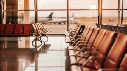 Modern Airport Terminal with Empty Waiting Area and Airplanes Parked Outside During Sunset with Warm Lighting Creating a Welcoming Atmosphere for Travelers
