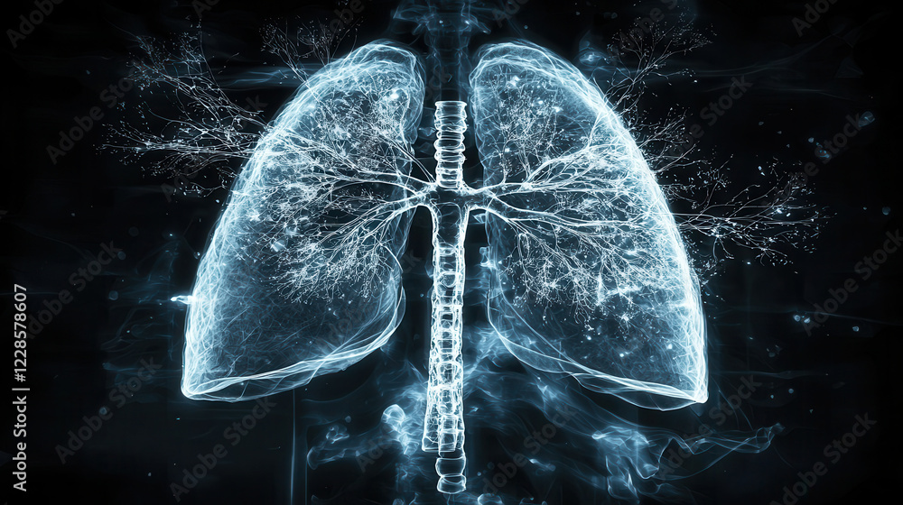 Poster detailed x ray of lung with visible bronchial structures, showcasing intricate patterns and textures