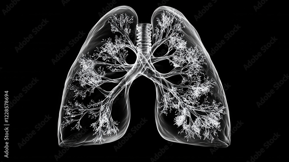 Poster detailed x ray of lung showcasing visible bronchial structures, illustrating intricate network of ai