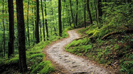 Obraz premium Serene Winding Path through Lush Green Forest in Daylight