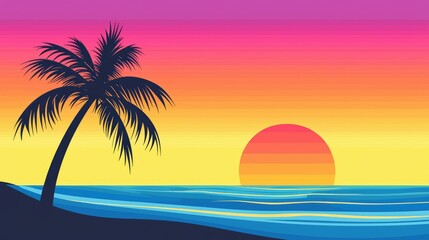 Naklejka premium Vibrant Sunset Over Calm Ocean with Silhouette of Palm Tree