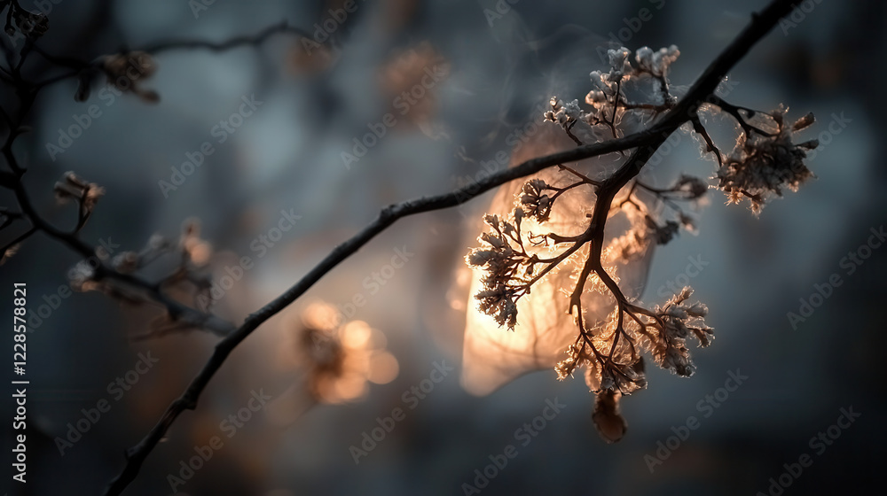 Poster serene close up of frosted branches illuminated by soft light, creating tranquil atmosphere