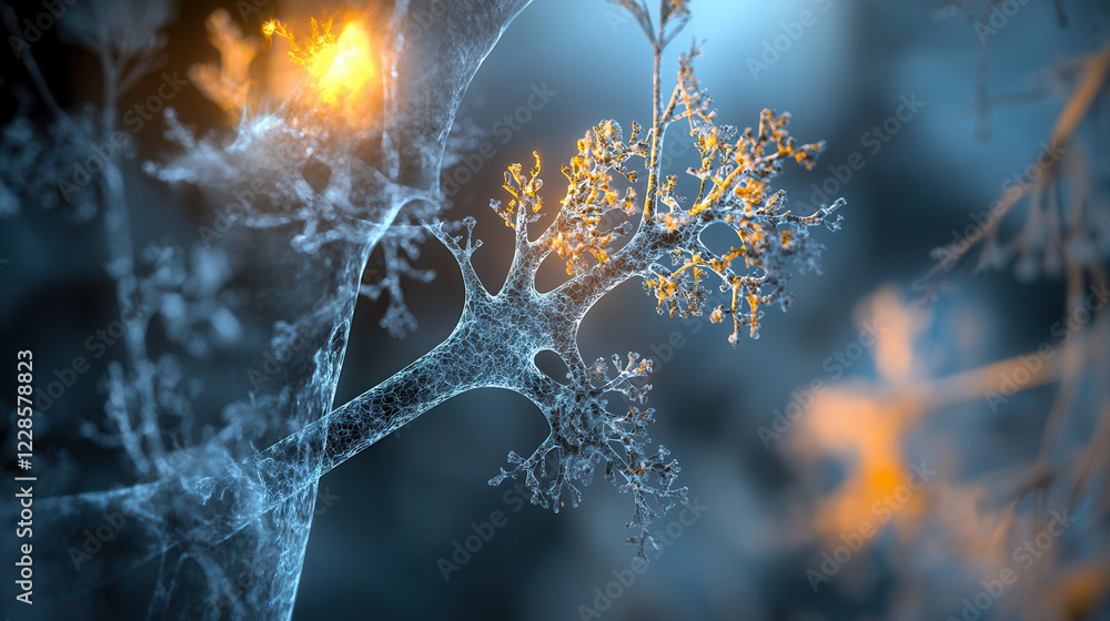 Aufkleber detailed view of neuron with intricate branches and glowing elements, showcasing beauty of neural co