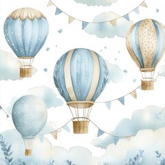 Watercolor Hot Air Balloon Pattern with Stars and Kites for Baby Fabric Wallpaper and Wrapping