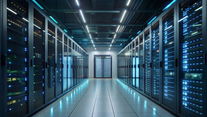 Modern data center with illuminated server racks