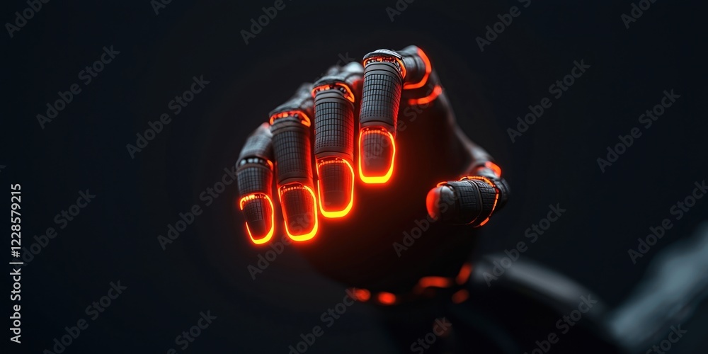 Poster robotics concepts. futuristic robotic hand with glowing fingertips against a dark background.