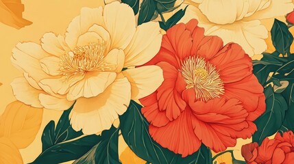 Red and Yellow Peonies: A vibrant close-up showcasing the exquisite beauty of two large peonies, one in a rich red hue and the other in a soft yellow.