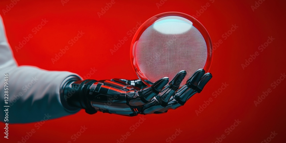 Poster robotics concepts. robotic hand holding a glowing, futuristic sphere on a red background.