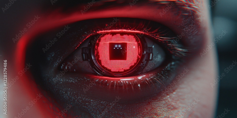 Poster robotics concepts. futuristic eye with a glowing red circuit design.