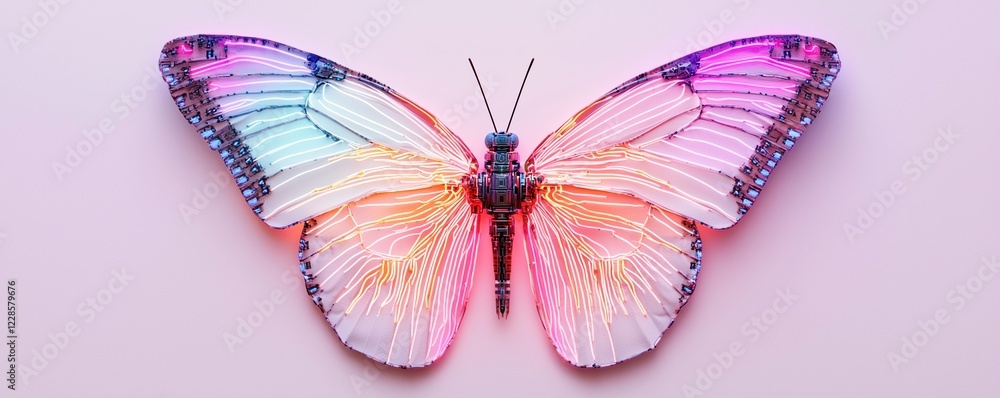Poster robotics concepts. colorful butterfly with intricate patterns on a soft background.