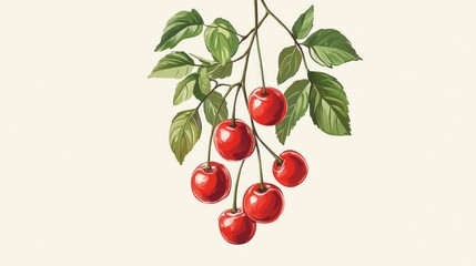 Obraz premium Fresh Red Cherries with Green Leaves on a Cream Background