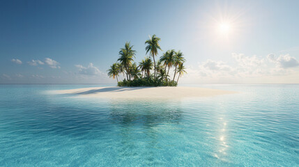 serene tropical island paradise with palm trees and clear blue water, perfect for vacation getaway
