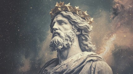 Obraz premium Majestic Statue of a King with a Crown Against a Cosmic Background