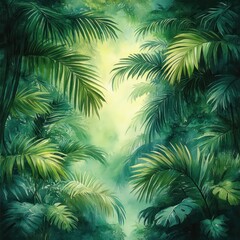 Tropical Jungle Print with Palm Trees Watercolor Seamless Pattern on White Background