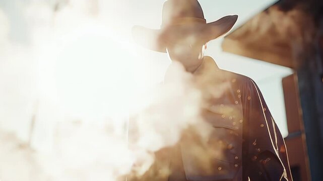 Rugged figure stands motionless in dusty street. Static camera position with subtle drift. Sunlight filters through dust particles. Slow blink, hand hovering near holster, slight tilt of hat brim.