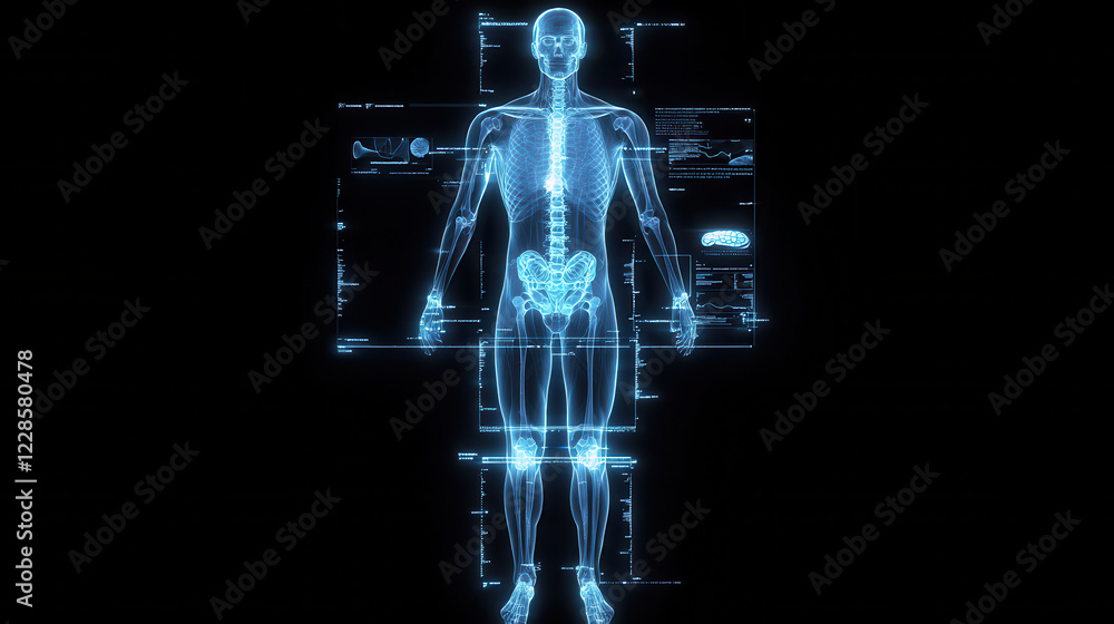 Poster futuristic x ray scan of human body showcasing glowing internal structures and organs, emphasizing a