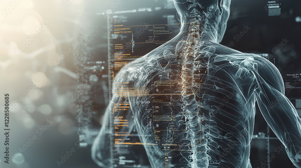 Poster futuristic x ray scan of human body with glowing elements and digital data. image showcases advanced