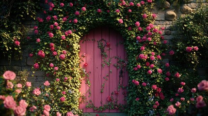 Charming Pink Door Framed by Blossoming Roses in Enchanting Garden