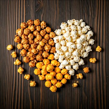a variety of popcorn flavors, including caramel, cheddar, and kettle corn, arranged in a heart shape on a wooden table.