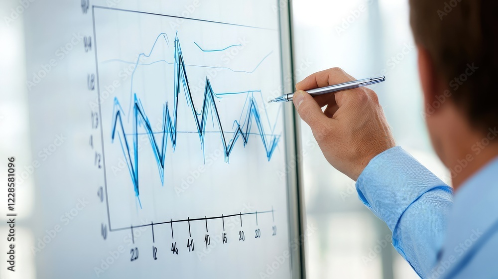 Poster businessman analyzing data trends on digital graph display board