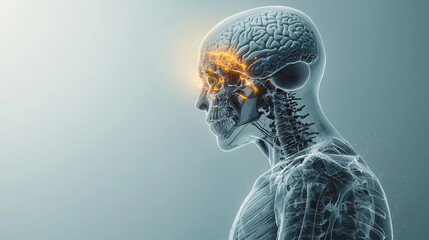 futuristic X ray scan of human body showcasing glowing brain activity and skeletal structure