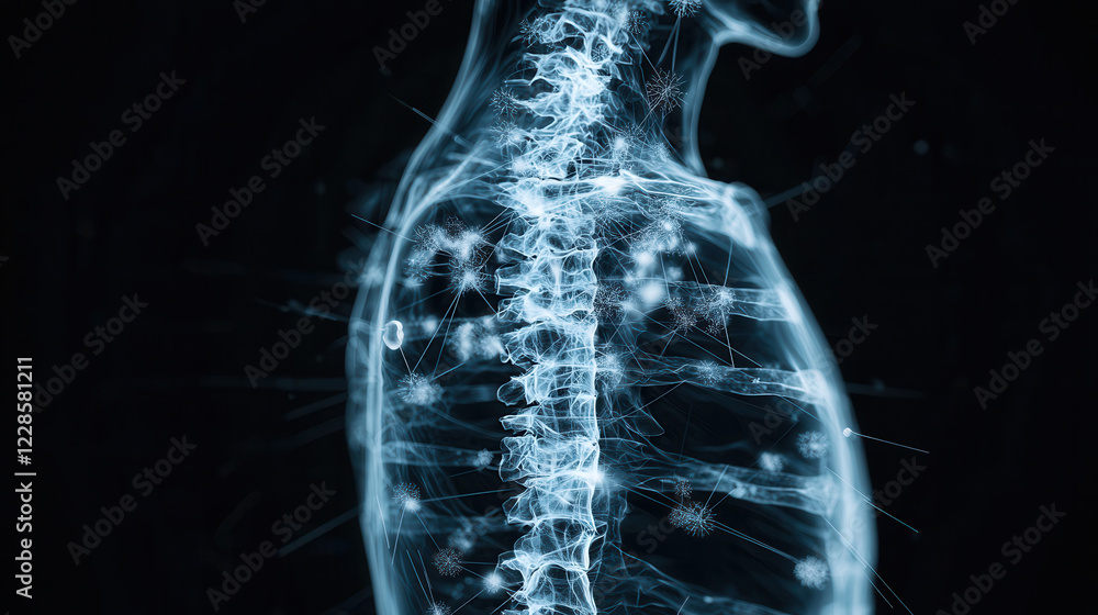 Poster futuristic x ray scan of human torso showcasing spine and internal structures. image highlights intr