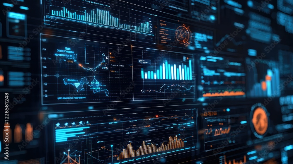 Poster futuristic data visualization with graphs and charts in dark theme
