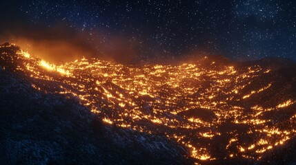 Naklejka premium Aerial View of a Winding Fire Front Illuminating the Night Sky