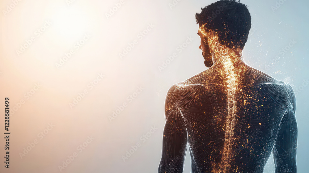 Poster futuristic visualization of human torso showcasing intricate neural pathways and spine structure, hi