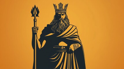 Fototapeta premium Majestic King with Crown and Trident Against Vibrant Orange Background