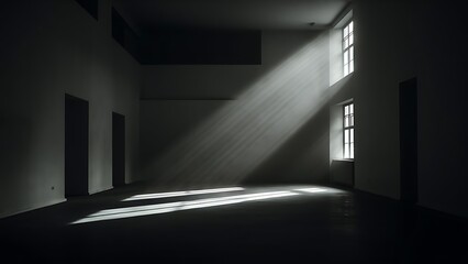 Soft ray of light in empty dark room