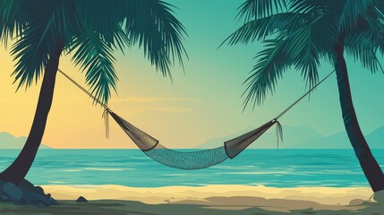 Fototapeta premium Tranquil Beach Scene with Hammock and Palm Trees at Sunrise