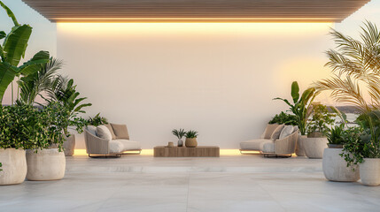 Fototapeta premium Minimalist outdoor patio with comfortable furniture and potted plants, creating serene atmosphere. Perfect for relaxation and gatherings