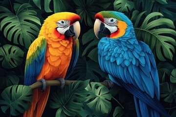 Colorful Macaws in Tropical Jungle with Palm Leaves and Exotic Foliage Vector Illustration