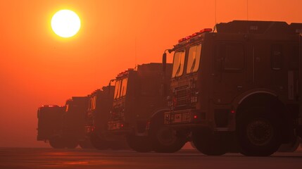 Fototapeta premium Hazy Orange Sun Reflecting on Fire Trucks at Sunrise