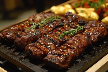 Juicy grilled steak skewers, seasoned and glistening. Perfect for menus, restaurant websites, or BBQ promotions.